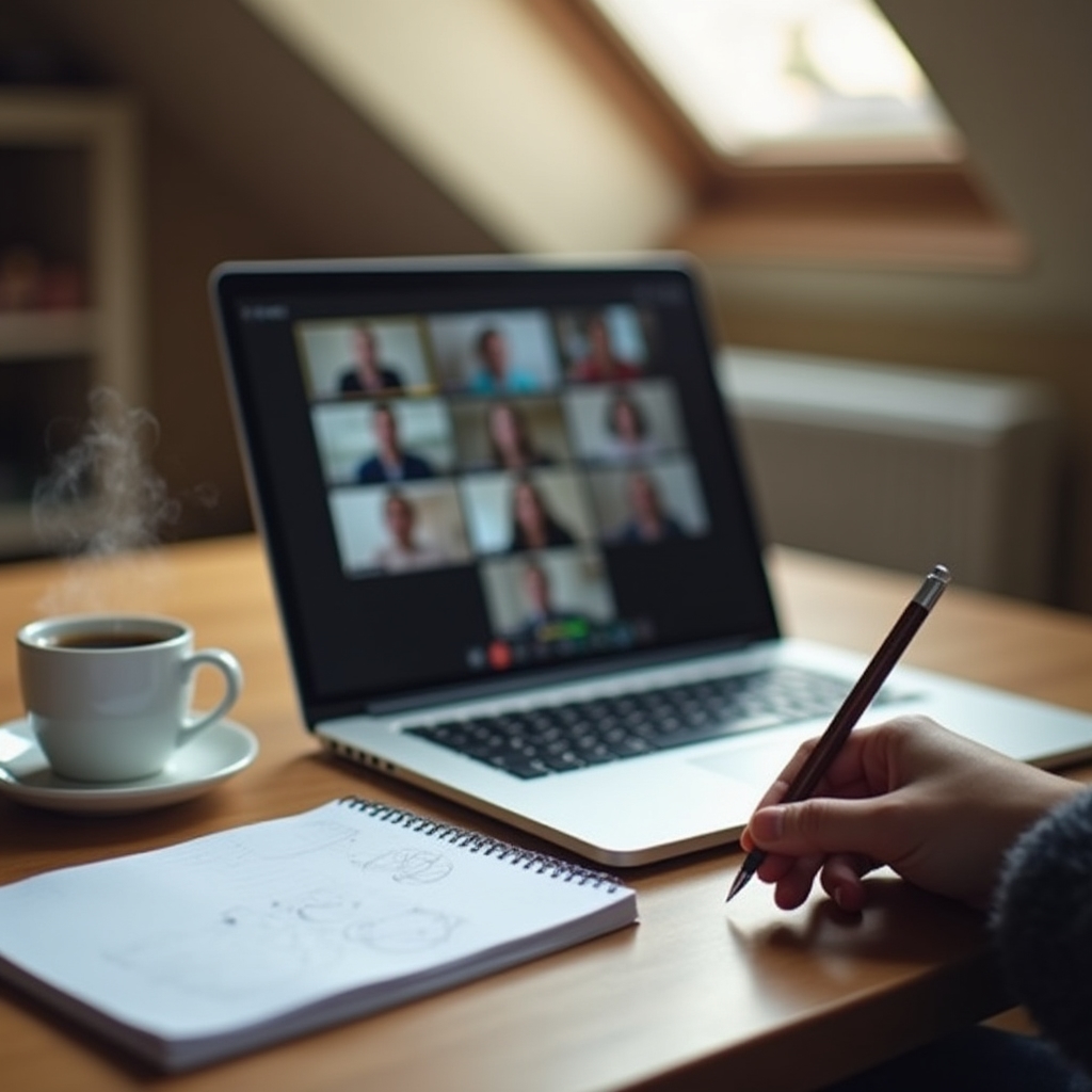 Notebook s poznámkami a probíhajícím online videohovorem během cvičení